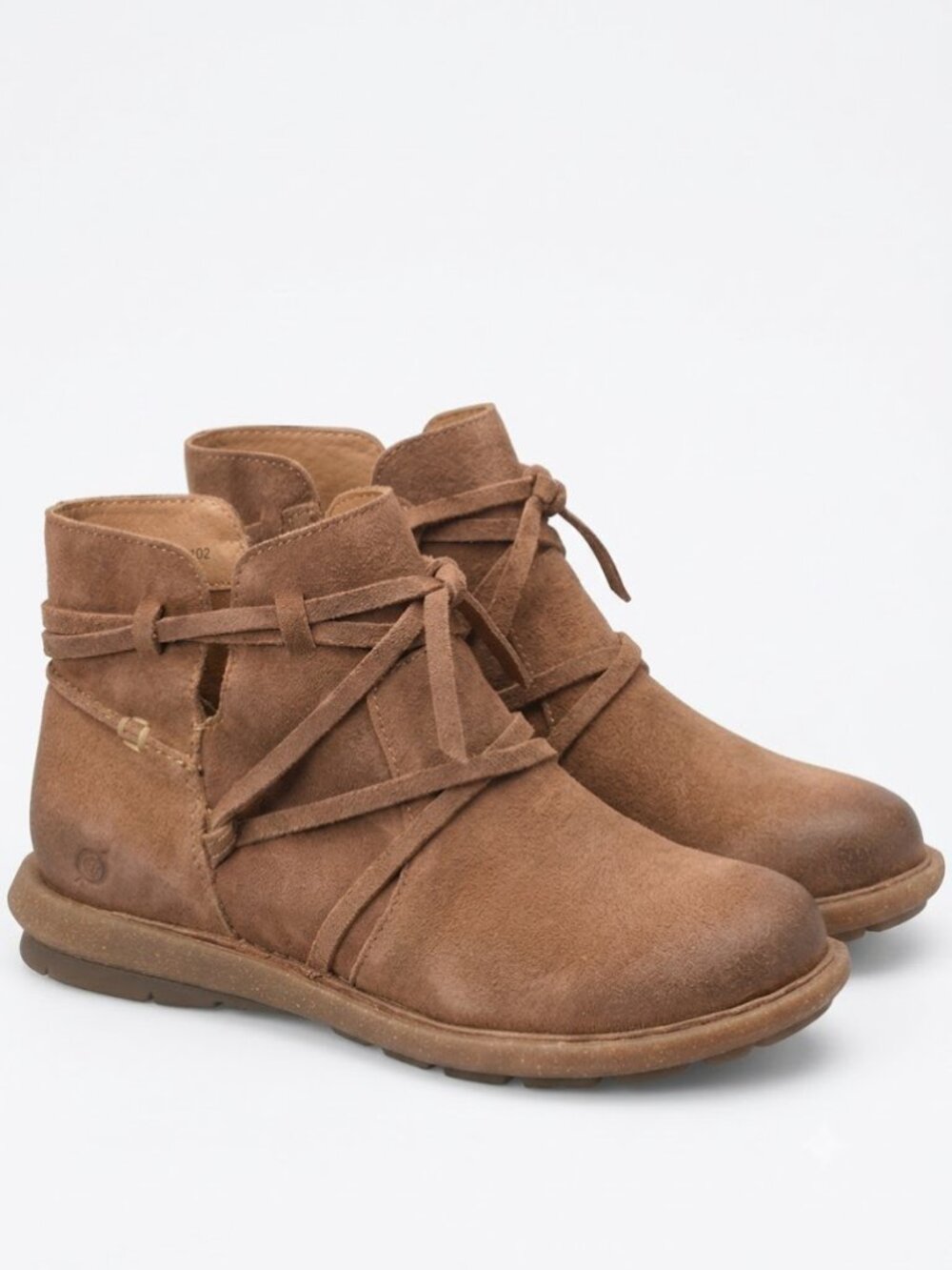 Born Tarkiln Brown Suede Strappy Wrap Ankle Booties Boho Fairycore Size 8.5